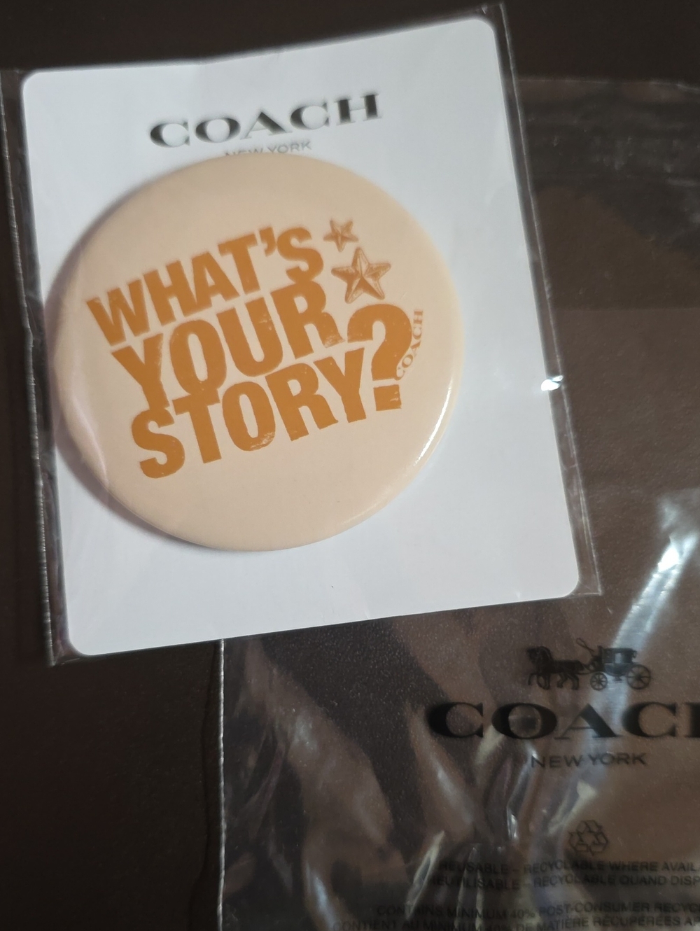 Coach Peach and Gold 'What's Your Story?' Button Pin New In Packaging